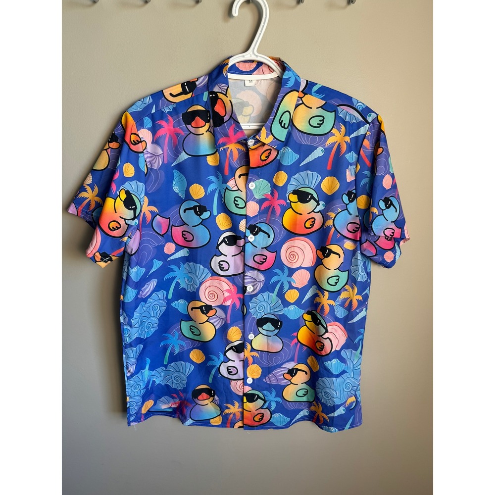 Mens Blue Duck Tropical Print Button Up M Summer Beach Kitsch Quirky Statement